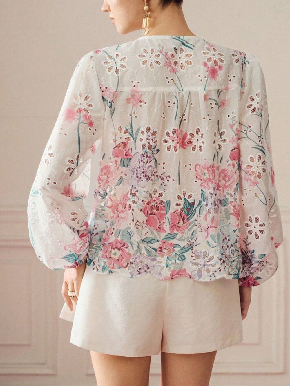 Multicolor Boho Women's Embroidered Patchwork Long Sleeve Button-Up Shirt - Picture 2 of 7